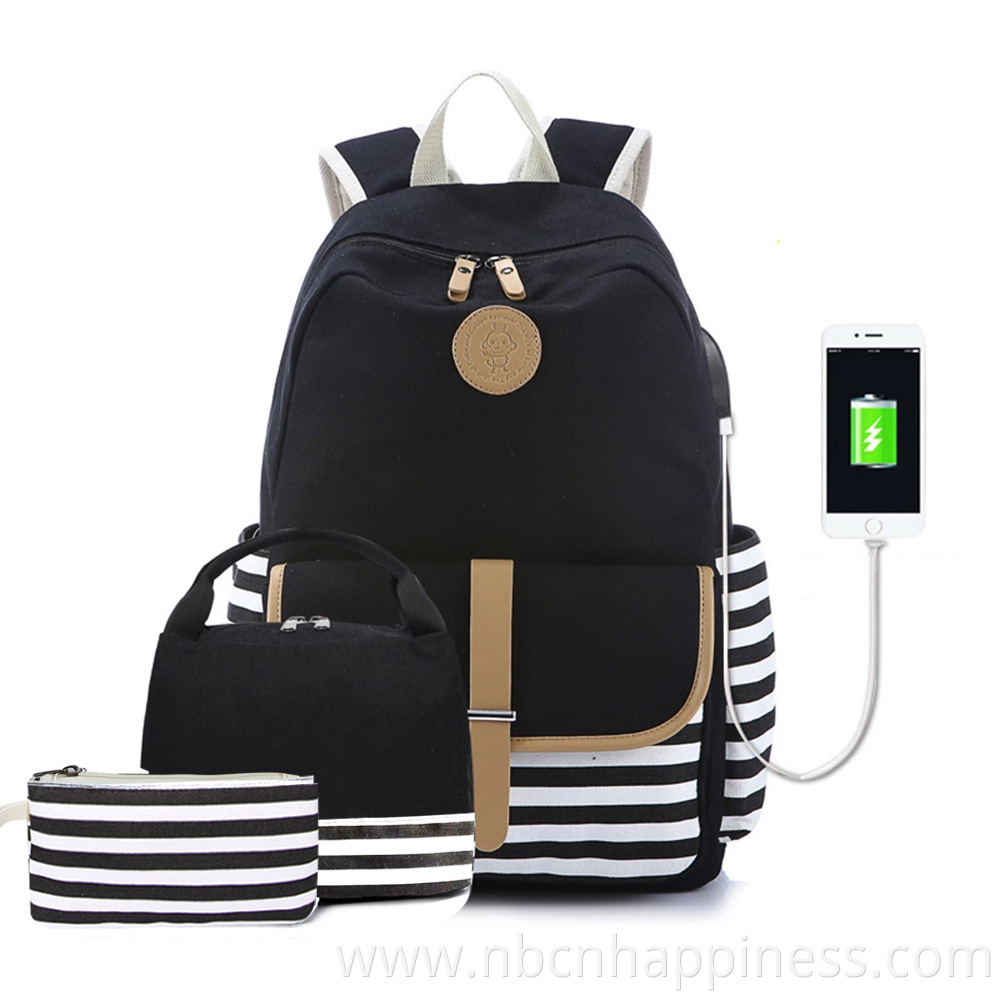 Amazon hot sale foldable usb charging unisex school bag navel blue vintage cotton canvas backpack bag set